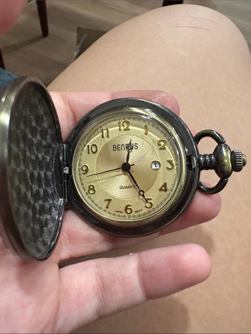 Benrus Pocket Watch Mens OS Bronze Good Eagle Hunter Case Black Enamel Quartz